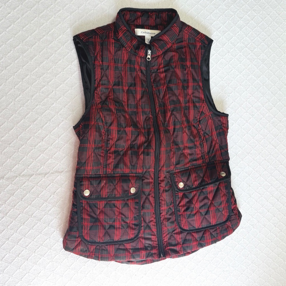 Croft & Barrow Womens Red Black Plaid Quilted Zip Front Vest Small RN73277